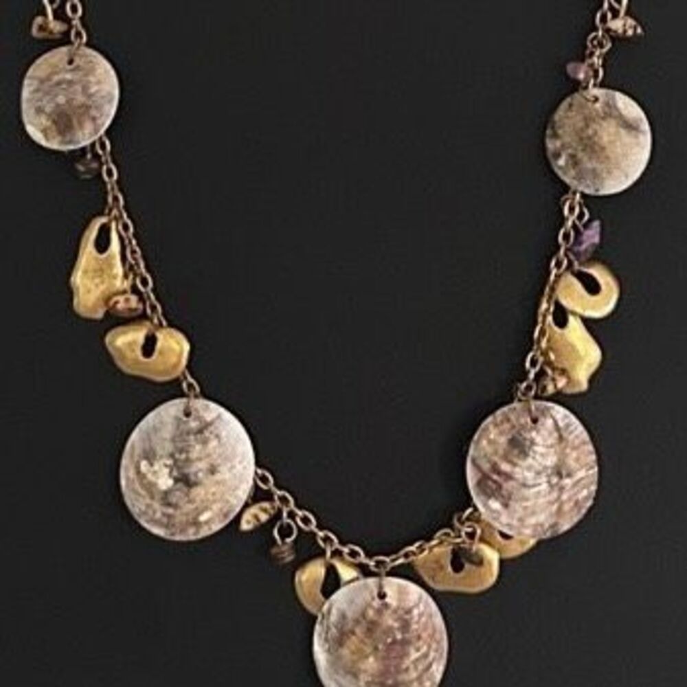 Coldwater Creek Statement Charm Necklace 30" Gold-tone Shells & Amethyst Charms - Picture 5 of 8